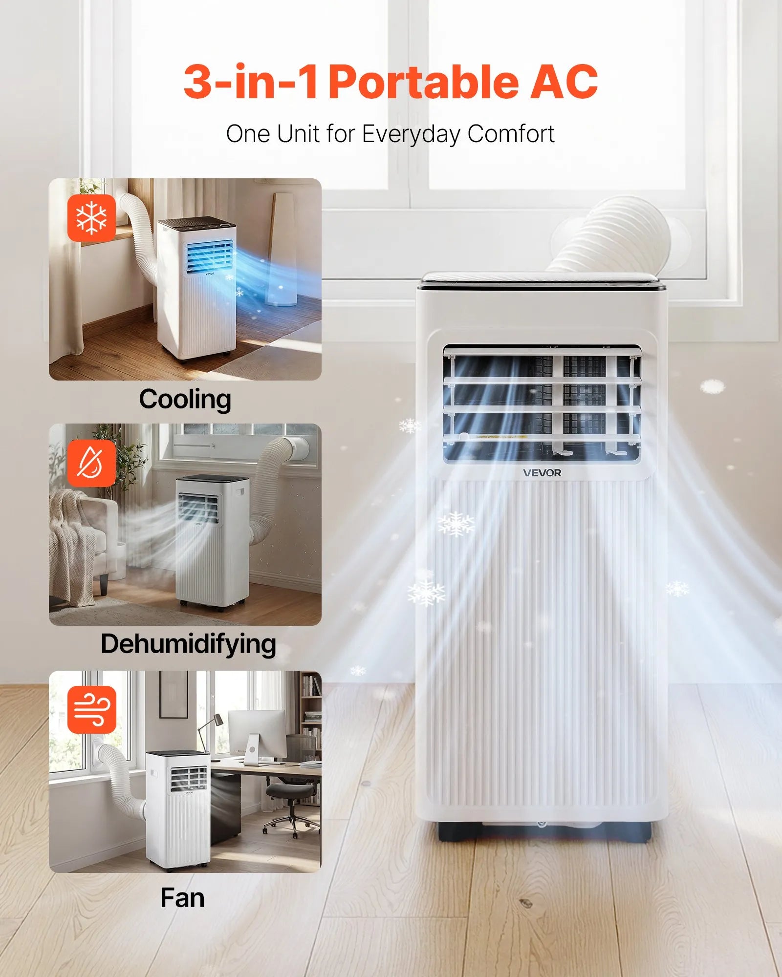 VEVOR Portable Air Conditioner, 7000 BTU 2kW 3-in-1 Standing Cooling Ac Unit, LED Touch Panel & Remote Control, 24h Timer, Cooling/Dehumidifier/Fan Mode for Room Indoor, White, Energy Efficiency: A