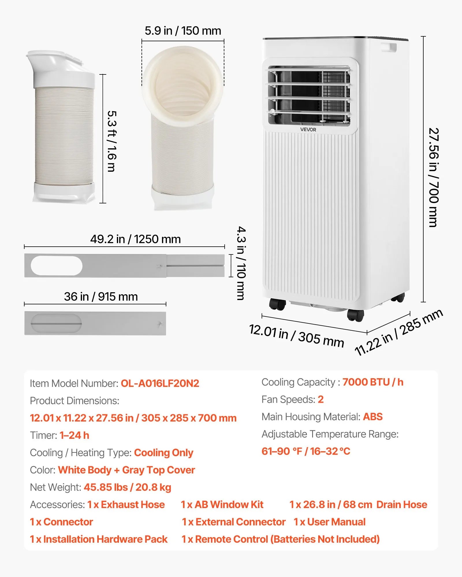 VEVOR Portable Air Conditioner, 7000 BTU 2kW 3-in-1 Standing Cooling Ac Unit, LED Touch Panel & Remote Control, 24h Timer, Cooling/Dehumidifier/Fan Mode for Room Indoor, White, Energy Efficiency: A