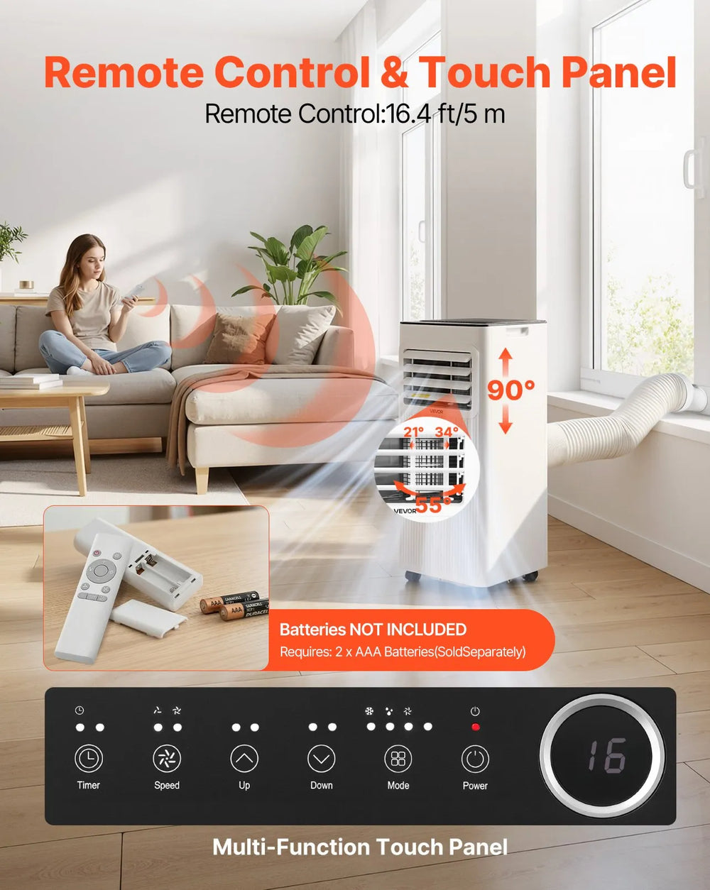 VEVOR Portable Air Conditioner, 9000 BTU 2.6kW 3-in-1 Standing Cooling Ac Unit, LED Touch Panel & Remote Control, 24h Timer, Cooling/Dehumidifier/Fan Mode for Room Indoor, White, Energy Efficiency: A