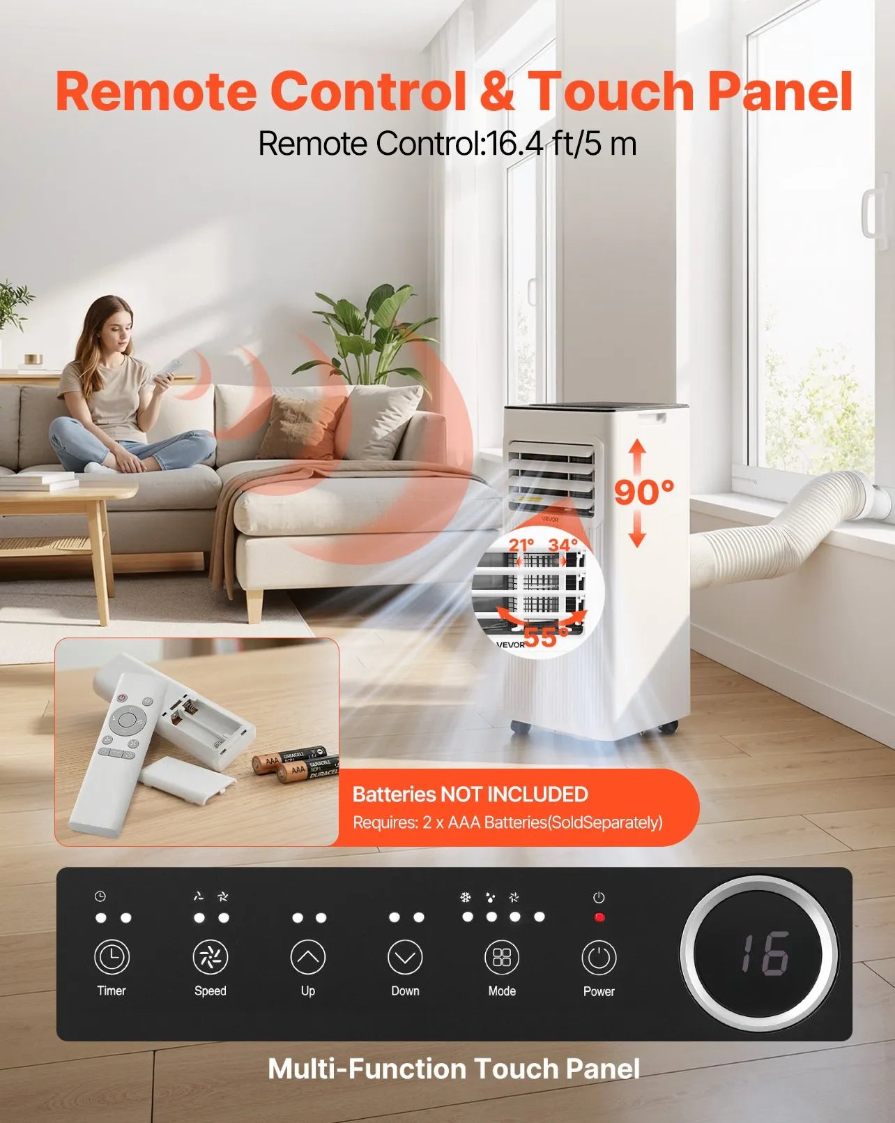 VEVOR Portable Air Conditioner, 9000 BTU 2.6kW 3-in-1 Standing Cooling Ac Unit, LED Touch Panel & Remote Control, 24h Timer, Cooling/Dehumidifier/Fan Mode for Room Indoor, White, Energy Efficiency: A