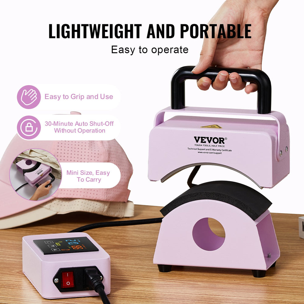 VEVOR Hat Press Machine, Mini Hat Heat Press for Caps with Integrated Control Panel, Cap Heat Press Machine with 5.9x3.15 inch Curved Heating Plate, Safety Base, and Glove, Automatic Shut-Off, Purple