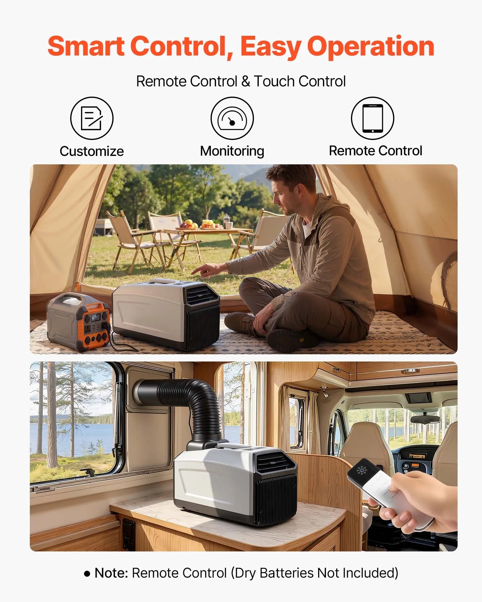 VEVOR Portable Camping Air Conditioner 3340 BTU, Tent AC Unit with Hose, Remote & Touch Control, 16-32 ℃ Adjustable, 150 m³/h High Airflow, Low Noise, Ideal for Tent, RV, Outdoor Cooling, Dark Grey