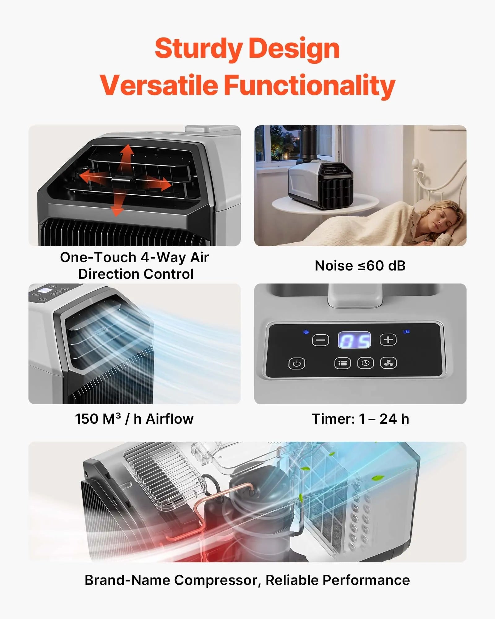 VEVOR Portable Camping Air Conditioner 3340 BTU, Tent AC Unit with Hose, Remote & Touch Control, 16-32 ℃ Adjustable, 150 m³/h High Airflow, Low Noise, Ideal for Tent, RV, Outdoor Cooling, Dark Grey