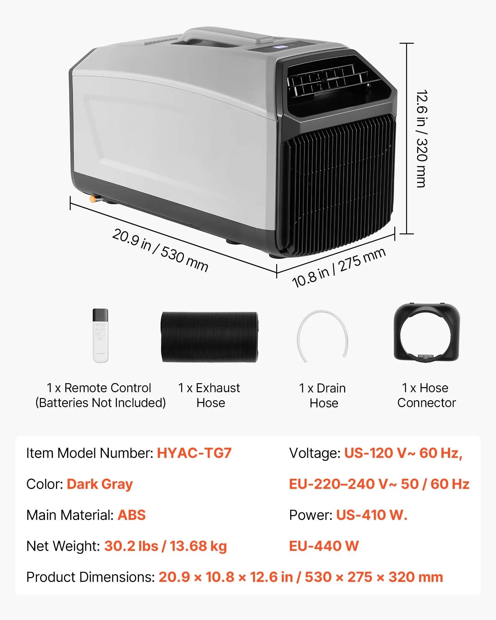 VEVOR Portable Camping Air Conditioner 3340 BTU, Tent AC Unit with Hose, Remote & Touch Control, 16-32 ℃ Adjustable, 150 m³/h High Airflow, Low Noise, Ideal for Tent, RV, Outdoor Cooling, Dark Grey