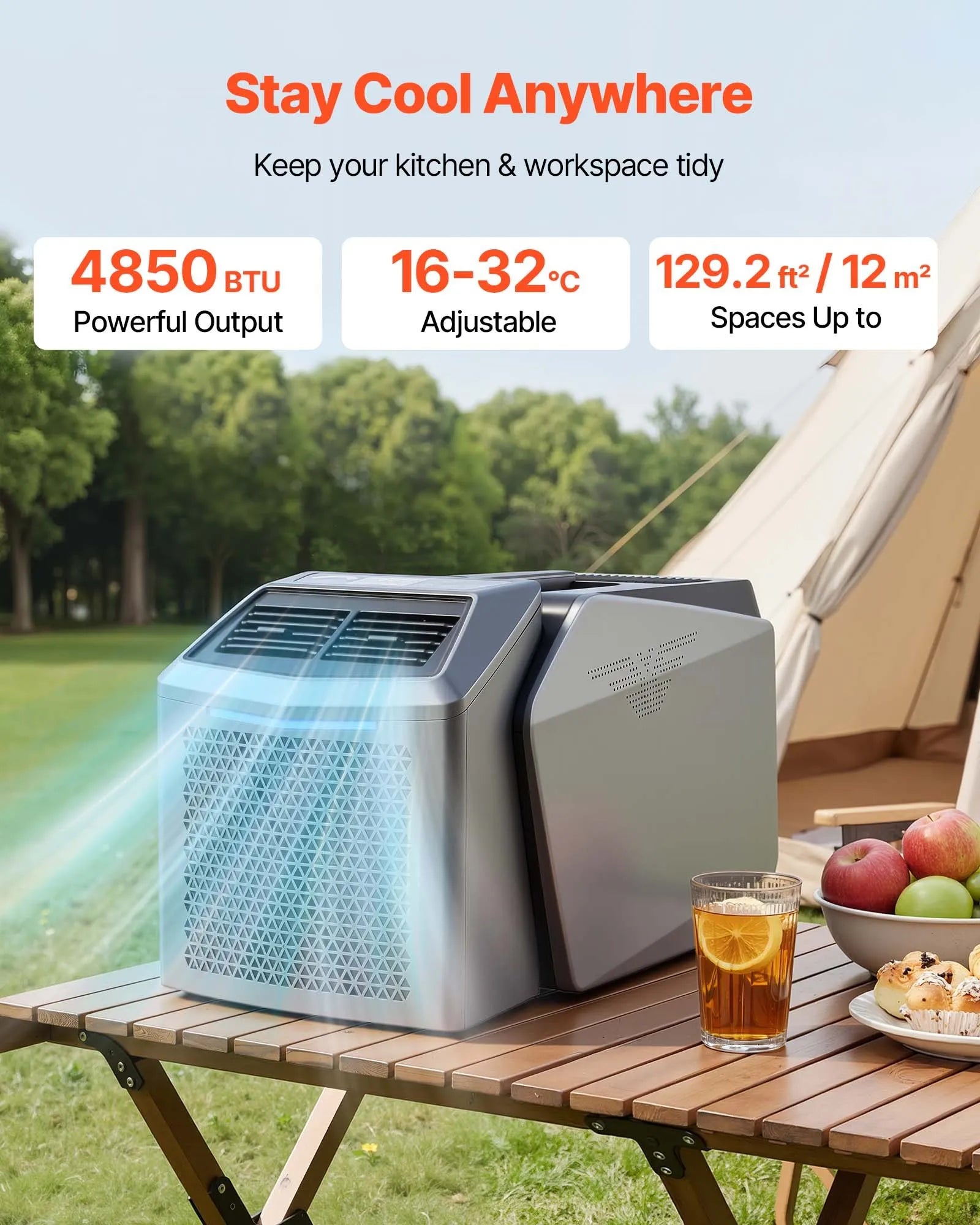 VEVOR Portable Camping Air Conditioner 4850 BTU, Dual Hose Split Tent AC Unit with Remote & Touch Control, 16–32°C Adjustable, 200 m³/h Airflow, 58dB Low Noise, for RV, Outdoor Cooling, Dark Grey