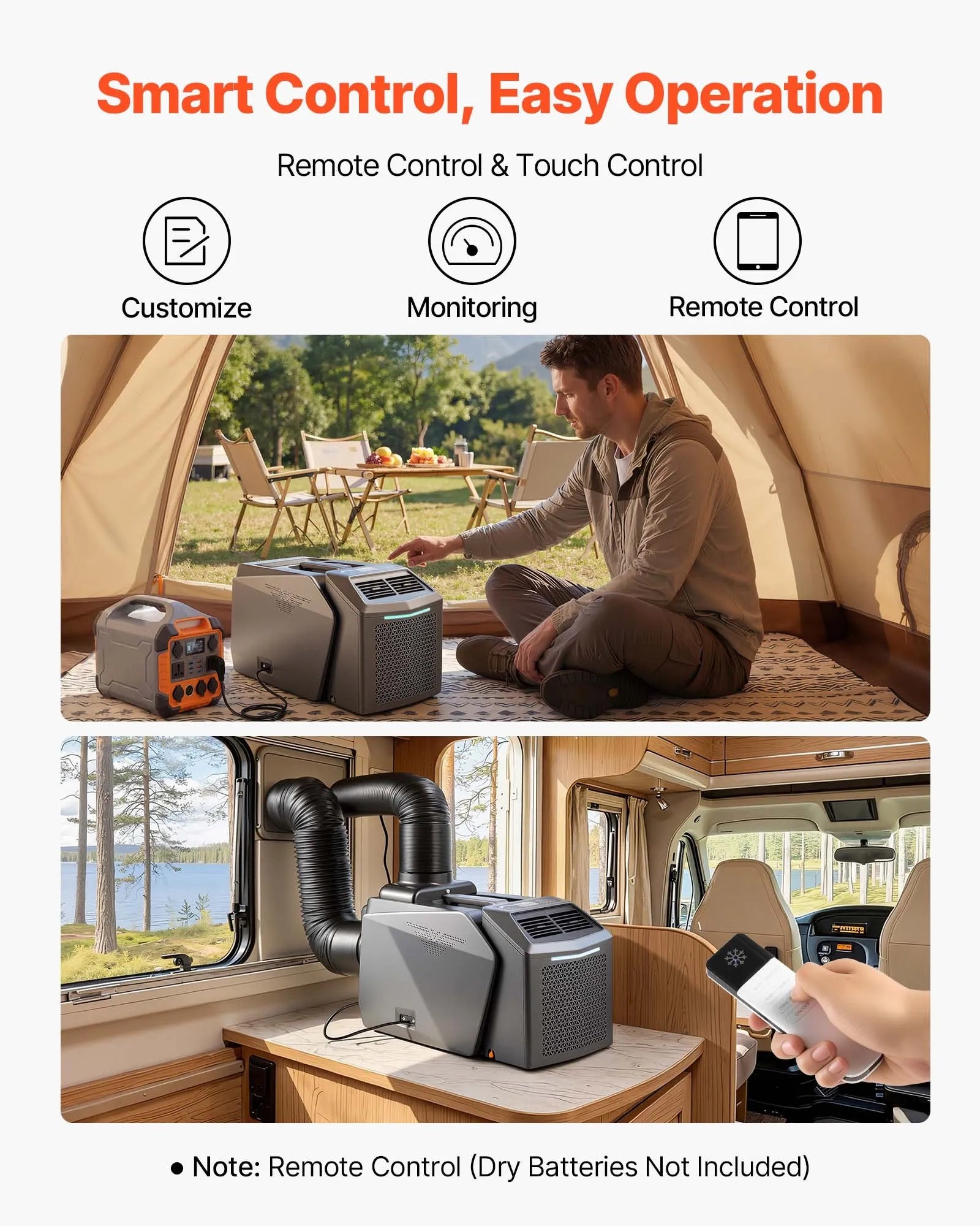 VEVOR Portable Camping Air Conditioner 4850 BTU, Dual Hose Split Tent AC Unit with Remote & Touch Control, 16–32°C Adjustable, 200 m³/h Airflow, 58dB Low Noise, for RV, Outdoor Cooling, Dark Grey