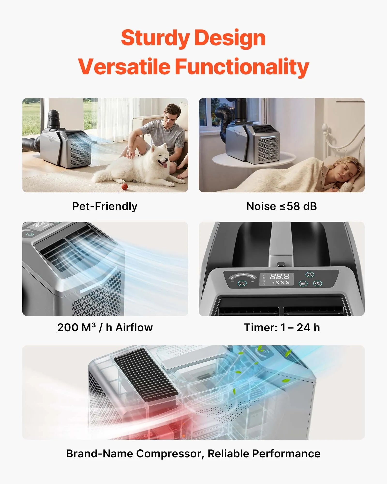 VEVOR Portable Camping Air Conditioner 4850 BTU, Dual Hose Split Tent AC Unit with Remote & Touch Control, 16–32°C Adjustable, 200 m³/h Airflow, 58dB Low Noise, for RV, Outdoor Cooling, Dark Grey