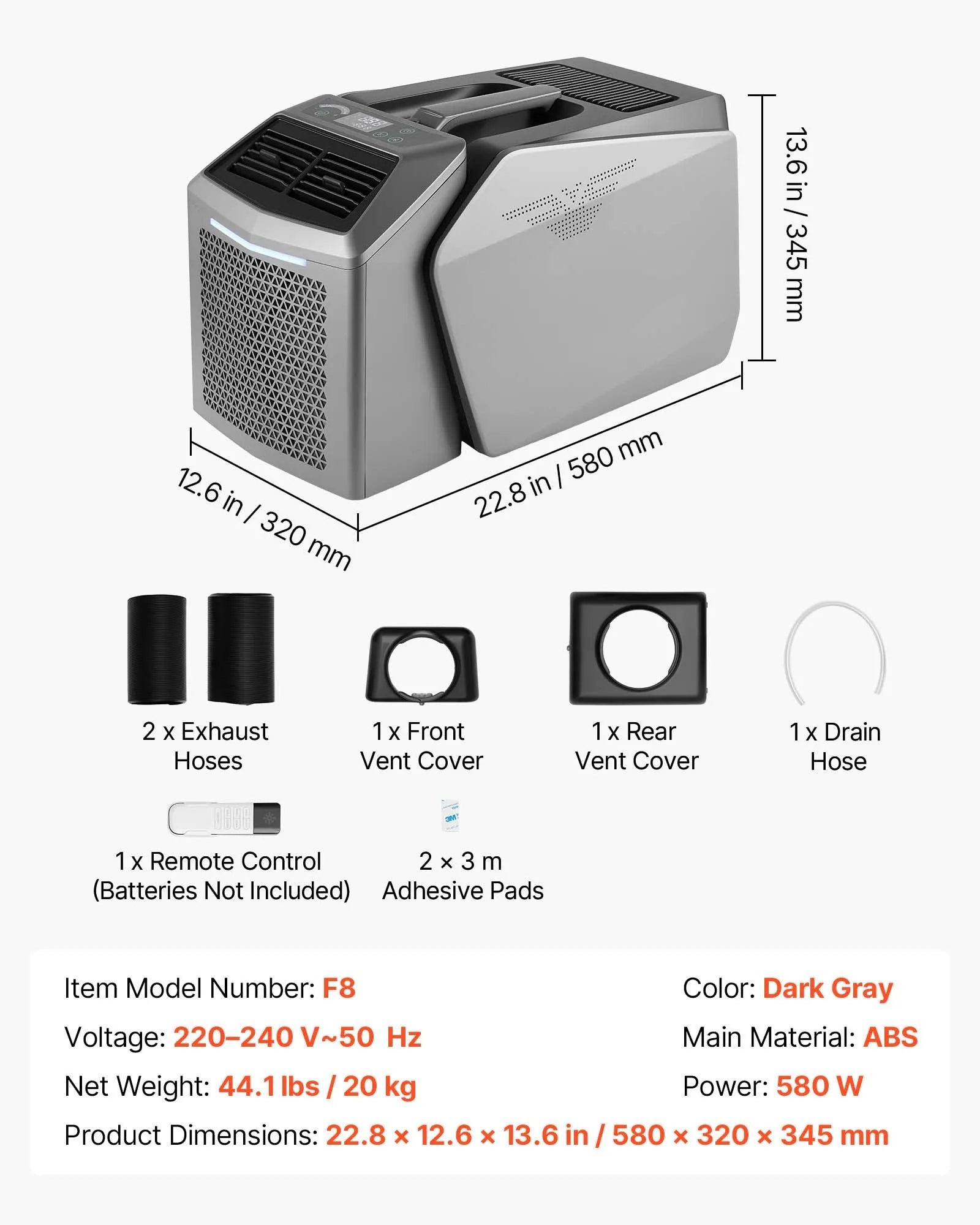 VEVOR Portable Camping Air Conditioner 4850 BTU, Dual Hose Split Tent AC Unit with Remote & Touch Control, 16–32°C Adjustable, 200 m³/h Airflow, 58dB Low Noise, for RV, Outdoor Cooling, Dark Grey