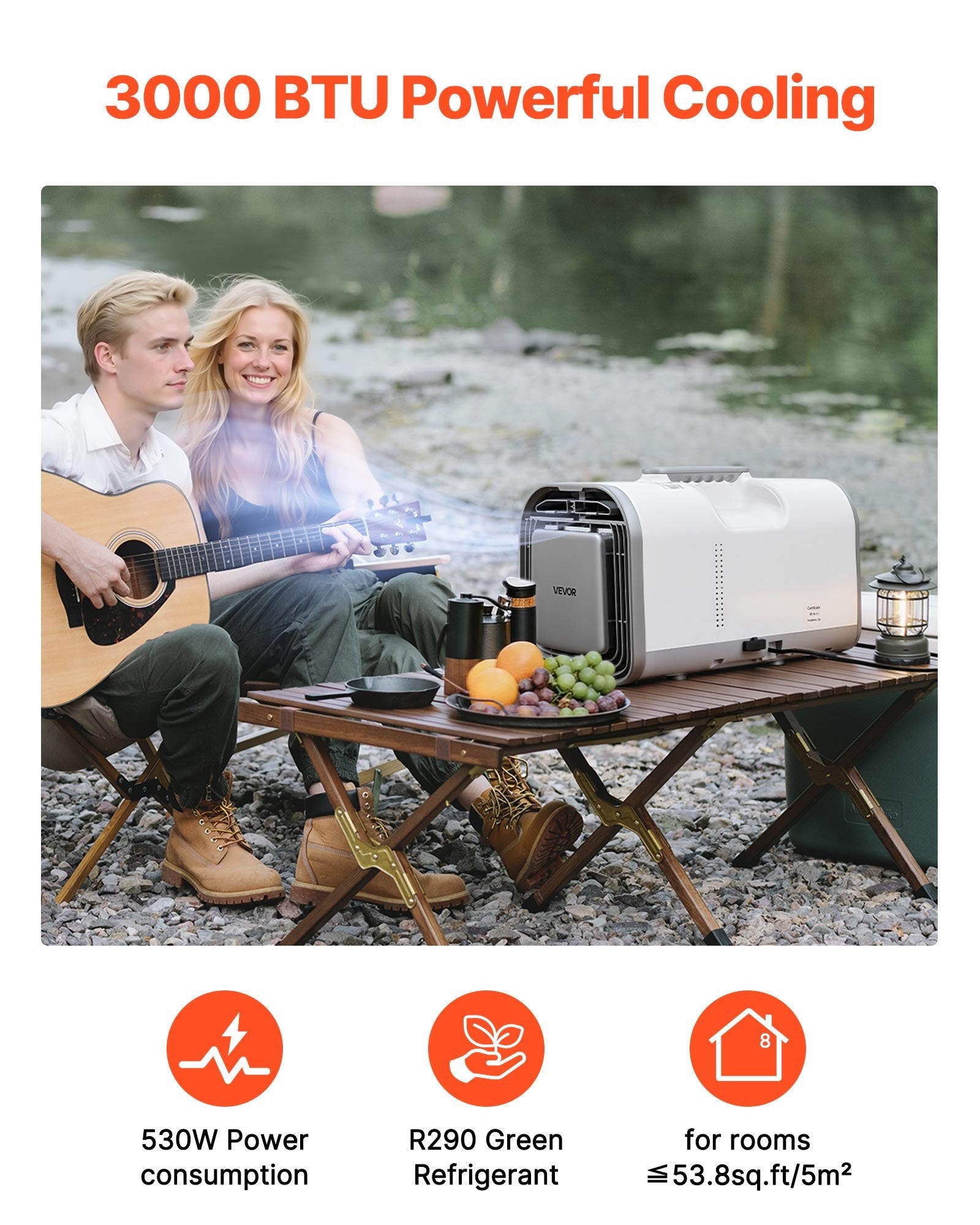 VEVOR Portable Camping Air Conditioner, 3000 BTU Tent AC Unit, 530W Cooling Only, Touch & Remote Control, 24H Timer, 200 m³/h Airflow, Compatible with DC24V/AC Power, for Tents, RVs, Camping, Outdoor
