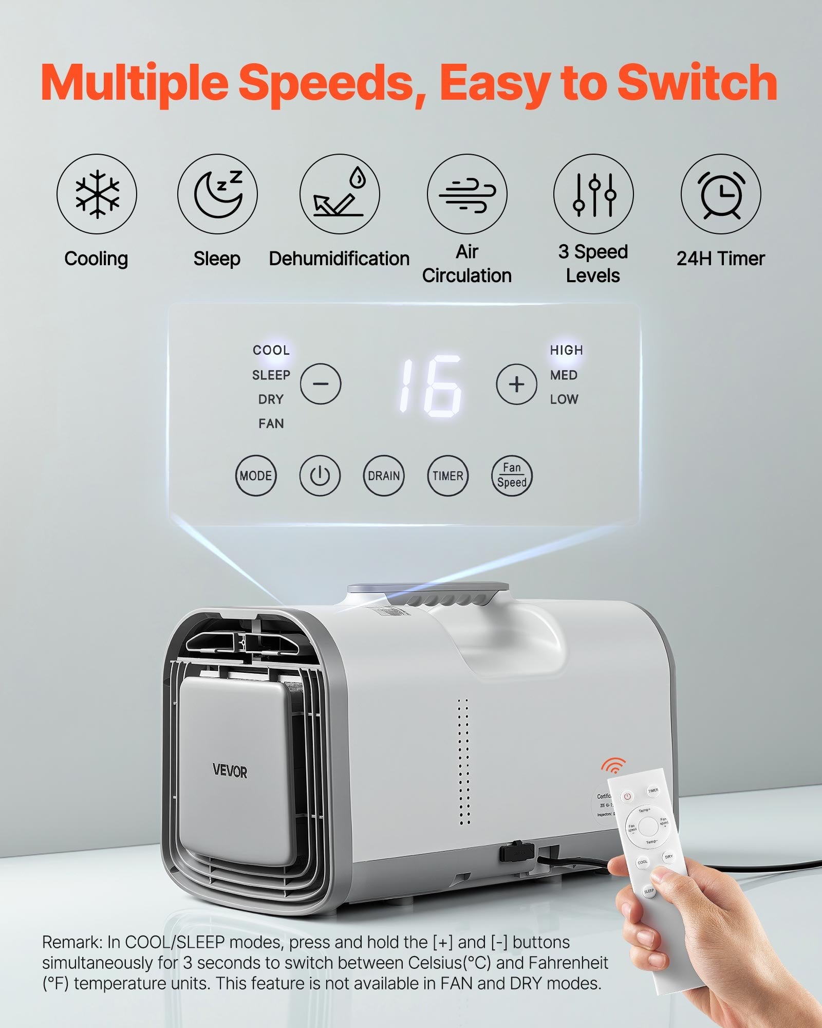 VEVOR Portable Camping Air Conditioner, 3000 BTU Tent AC Unit, 530W Cooling Only, Touch & Remote Control, 24H Timer, 200 m³/h Airflow, Compatible with DC24V/AC Power, for Tents, RVs, Camping, Outdoor