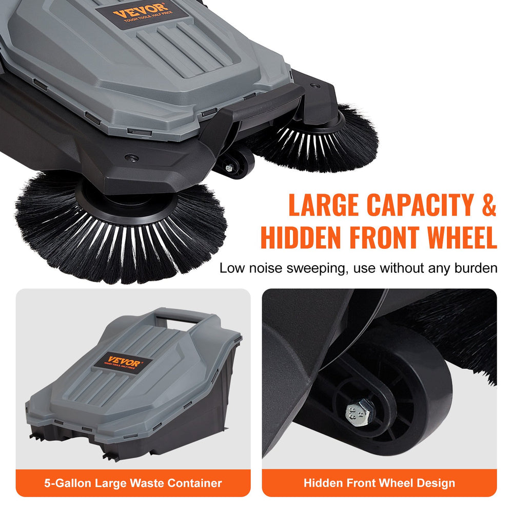 VEVOR Walk-behind Hand Push Floor Sweeper, 65 cm Sweeping Width Floor Sweeper Manual Non-Electric, 18.9-Liter Waste Container, Angle & Height Adjustable Folding Handle for Walkway, Yard, Garage, Patio