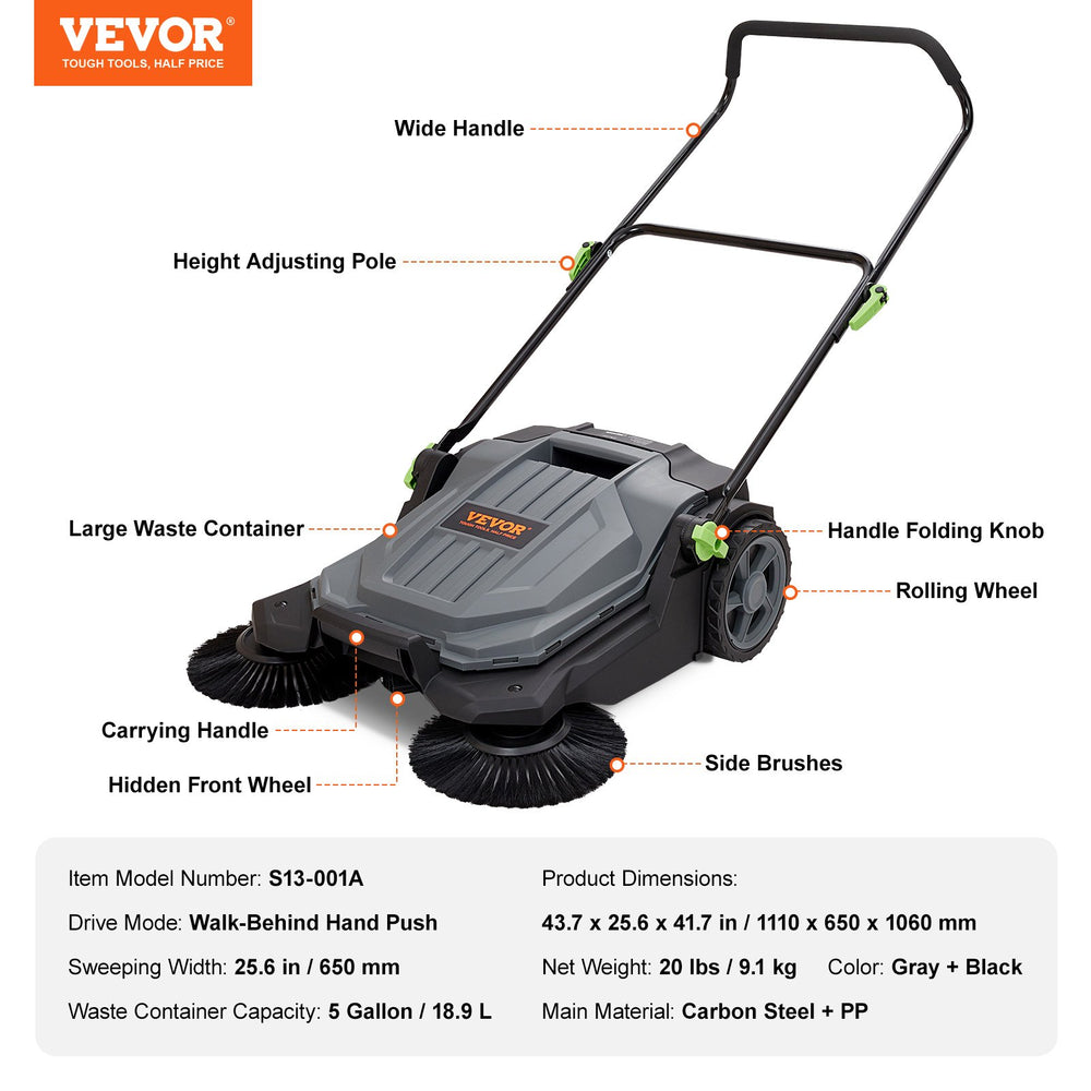 VEVOR Walk-behind Hand Push Floor Sweeper, 65 cm Sweeping Width Floor Sweeper Manual Non-Electric, 18.9-Liter Waste Container, Angle & Height Adjustable Folding Handle for Walkway, Yard, Garage, Patio