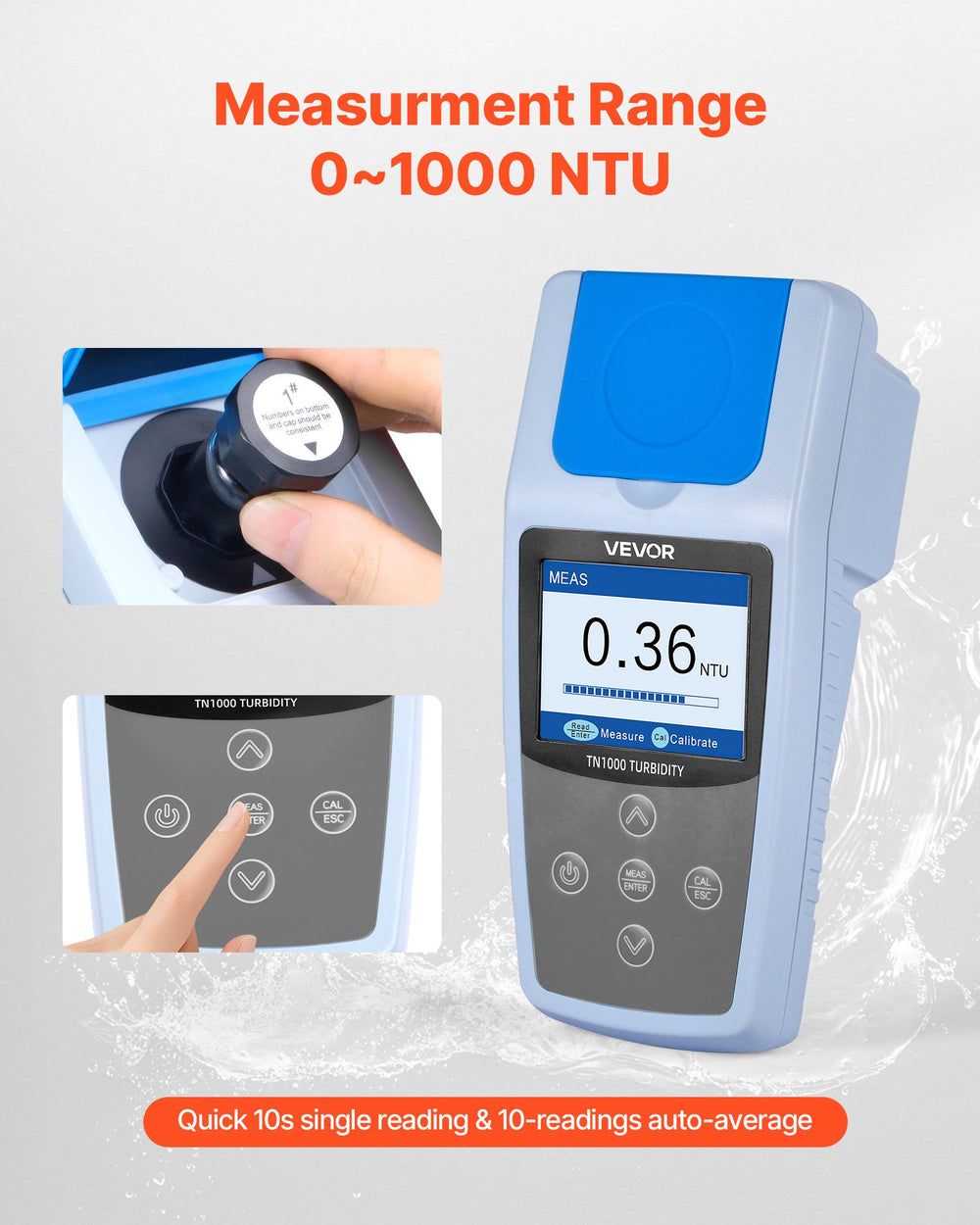 VEVOR Turbidity Meter, 0–1000 NTU Measuring Range, ISO 7027 Compliant, Portable Red Light Turbidimeter, Quick Reading, with Calibration Solutions, Sample Vials, and Carry Case, for Field and Plant