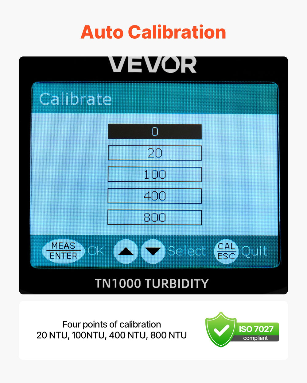 VEVOR Turbidity Meter, 0–1000 NTU Measuring Range, ISO 7027 Compliant, Portable Red Light Turbidimeter, Quick Reading, with Calibration Solutions, Sample Vials, and Carry Case, for Field and Plant