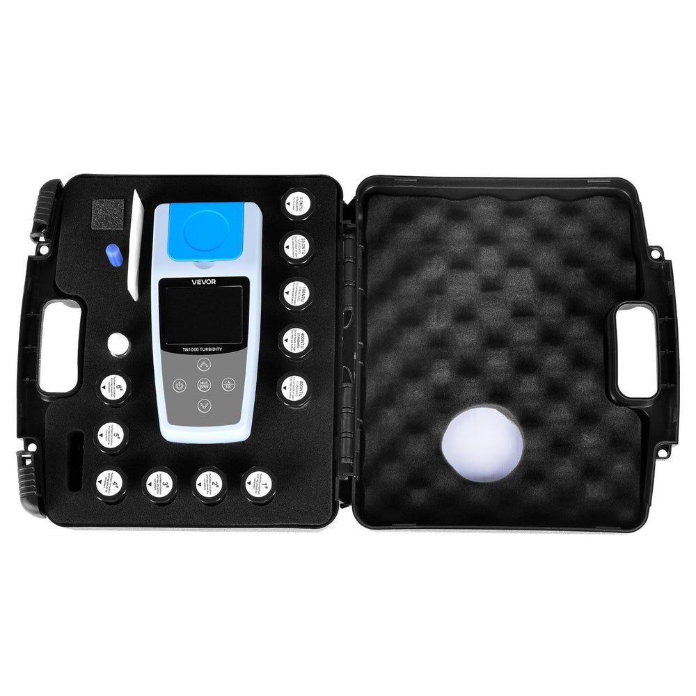 VEVOR Turbidity Meter, 0–1000 NTU Measuring Range, ISO 7027 Compliant, Portable Red Light Turbidimeter, Quick Reading, with Calibration Solutions, Sample Vials, and Carry Case, for Field and Plant
