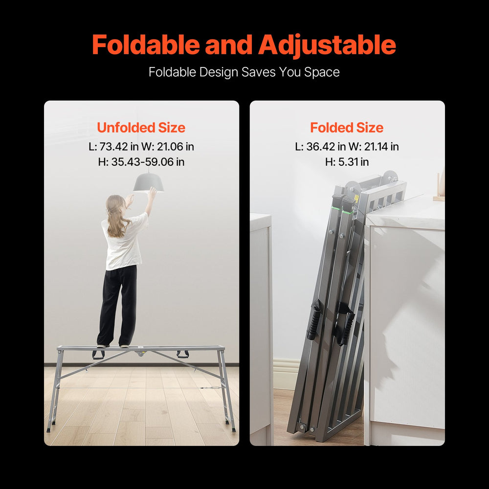 VEVOR Work Platform, 4 Gear Adjustable Height, Folding Alloy Steel Step Ladder, Portable Scaffolding Platform, 880 lb Load Capacity, Non-Slip Rubber Feet, Drywall Painting Stool, Cleaning &amp; Washing