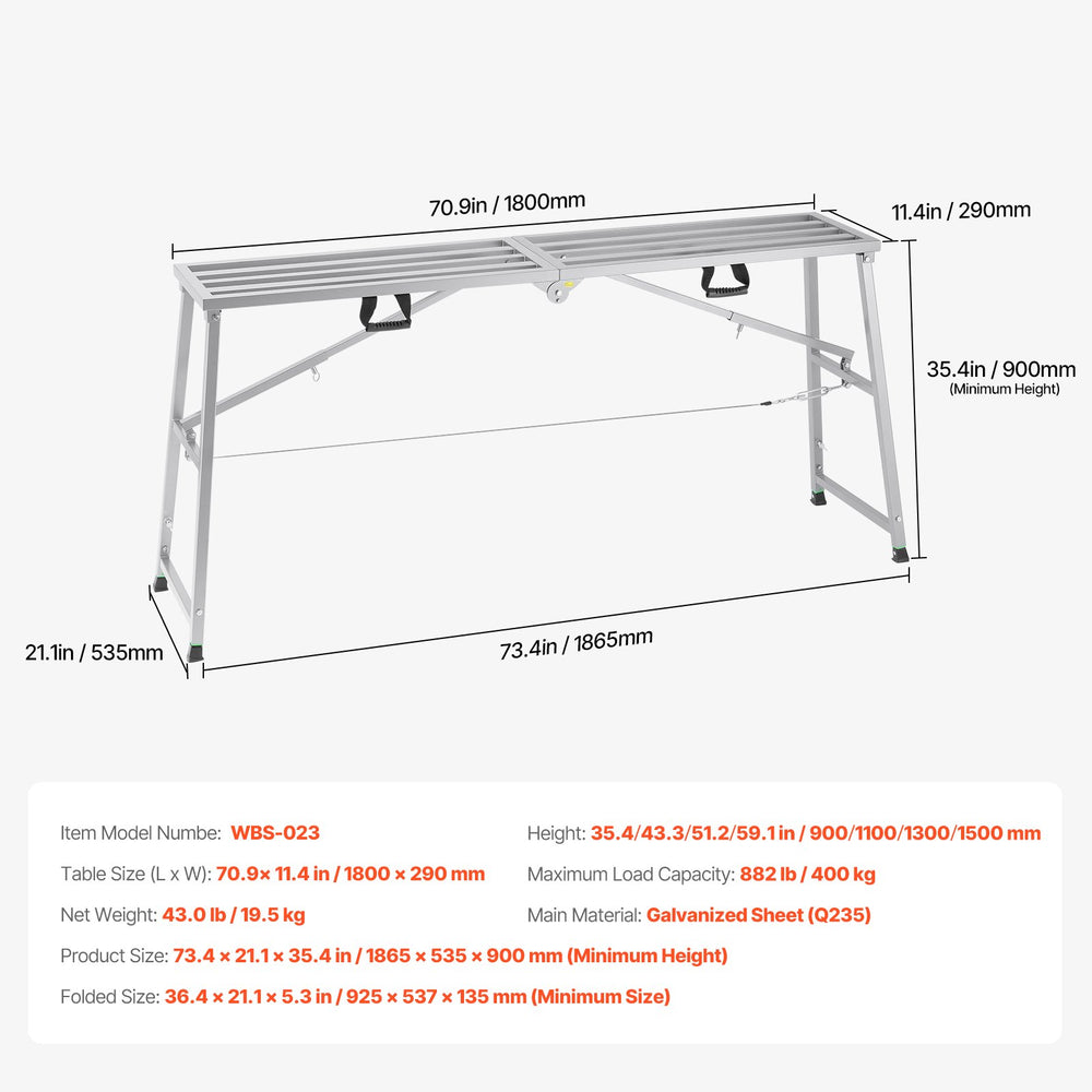 VEVOR Work Platform, 4 Gear Adjustable Height, Folding Alloy Steel Step Ladder, Portable Scaffolding Platform, 880 lb Load Capacity, Non-Slip Rubber Feet, Drywall Painting Stool, Cleaning &amp; Washing
