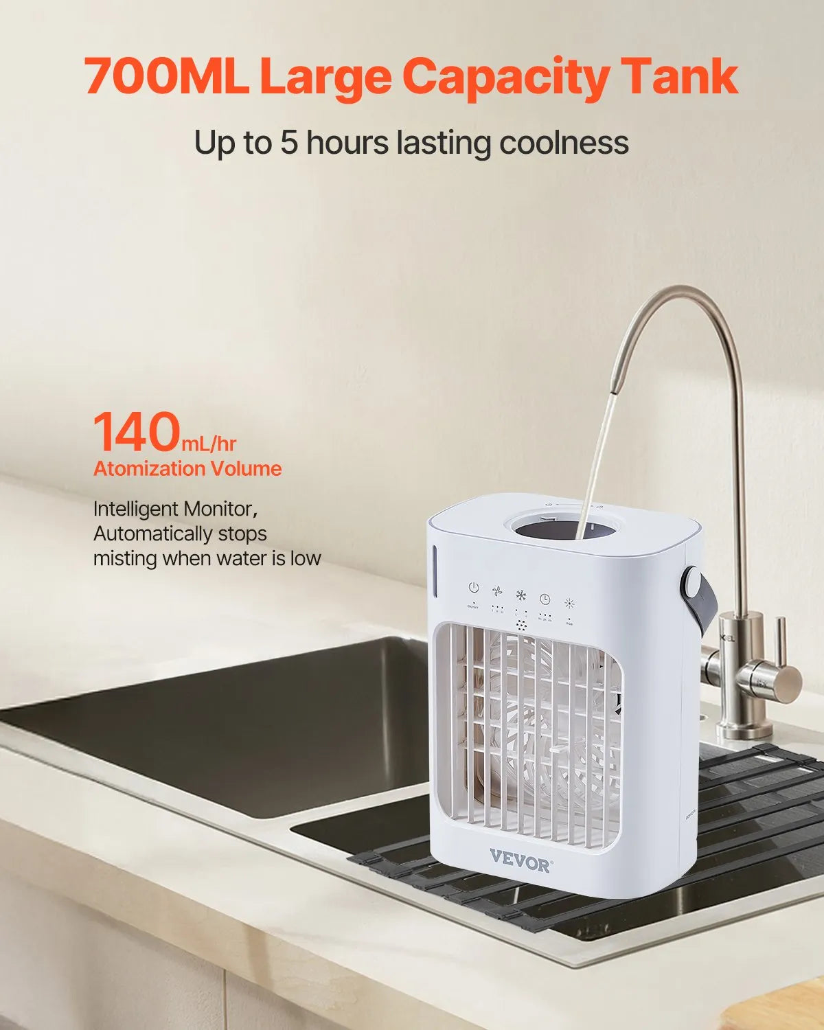 VEVOR Portable Air Conditioner, 4-in-1 Evaporative Air Cooler, 3-Speed Mini Air Conditioner with 0-7H Smart Timer, 700ml Water Tank, 7-Color Light, Personal Mini Desk AC Fan for Bedroom Office Room