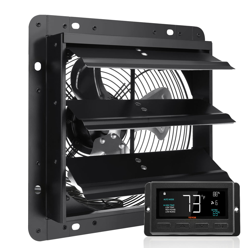 VEVOR Shutter Exhaust Fan, 254mm with Temperature Humidity Controller, EC-motor, 843 CFM, Variable Speed Adjustable Wall Mount Attic Fan, Ventilation and Cooling for Greenhouses, Garages, Sheds
