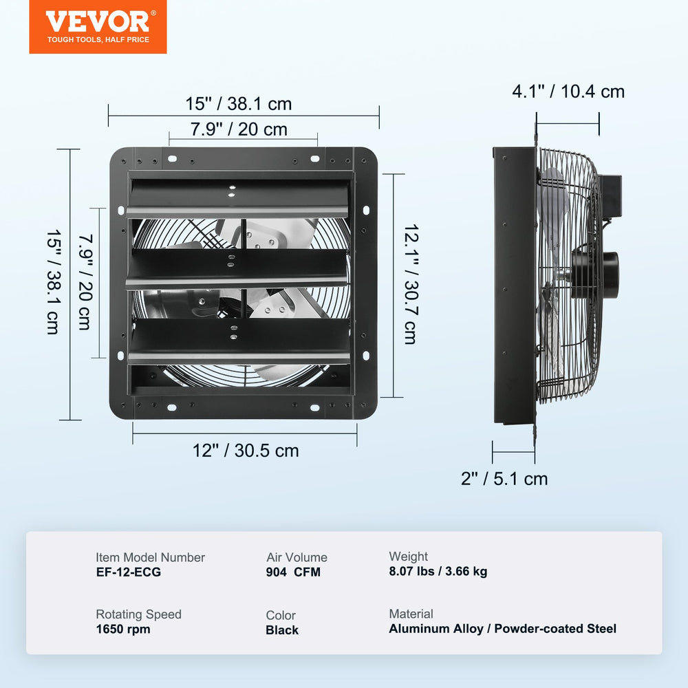 VEVOR Shutter Exhaust Fan, 305 mm with Temperature Humidity Controller, EC-motor, 904 CFM, Variable Speed Adjustable Wall Mount Attic Fan, Ventilation and Cooling for Greenhouses, Garages, Sheds