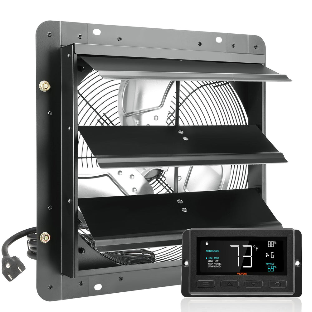 VEVOR Shutter Exhaust Fan, 356 mm with Temperature Humidity Controller, EC-motor, 1024 CFM, Variable Speed Adjustable Wall Mount Attic Fan, Ventilation and Cooling for Greenhouses, Garages, Sheds