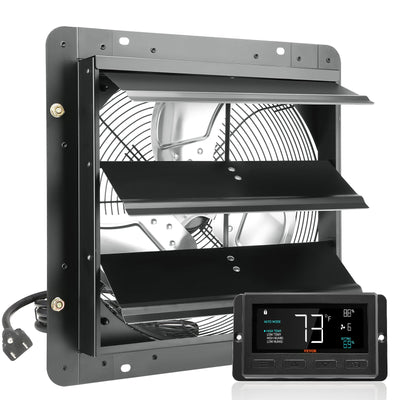 VEVOR Shutter Exhaust Fan, 356 mm with Temperature Humidity Controller, EC-motor, 1024 CFM, Variable Speed Adjustable Wall Mount Attic Fan, Ventilation and Cooling for Greenhouses, Garages, Sheds