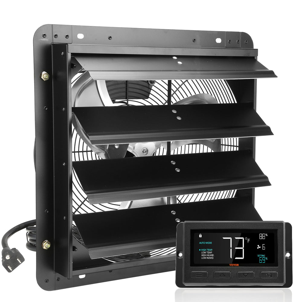 VEVOR Shutter Exhaust Fan, 406 mm with Temperature Humidity Controller, EC-motor, 1747 CFM, Variable Speed Adjustable Wall Mount Attic Fan, Ventilation and Cooling for Greenhouses, Garages, Sheds