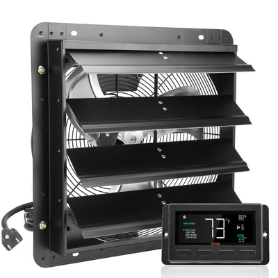 VEVOR Shutter Exhaust Fan, 406 mm with Temperature Humidity Controller, EC-motor, 1747 CFM, Variable Speed Adjustable Wall Mount Attic Fan, Ventilation and Cooling for Greenhouses, Garages, Sheds