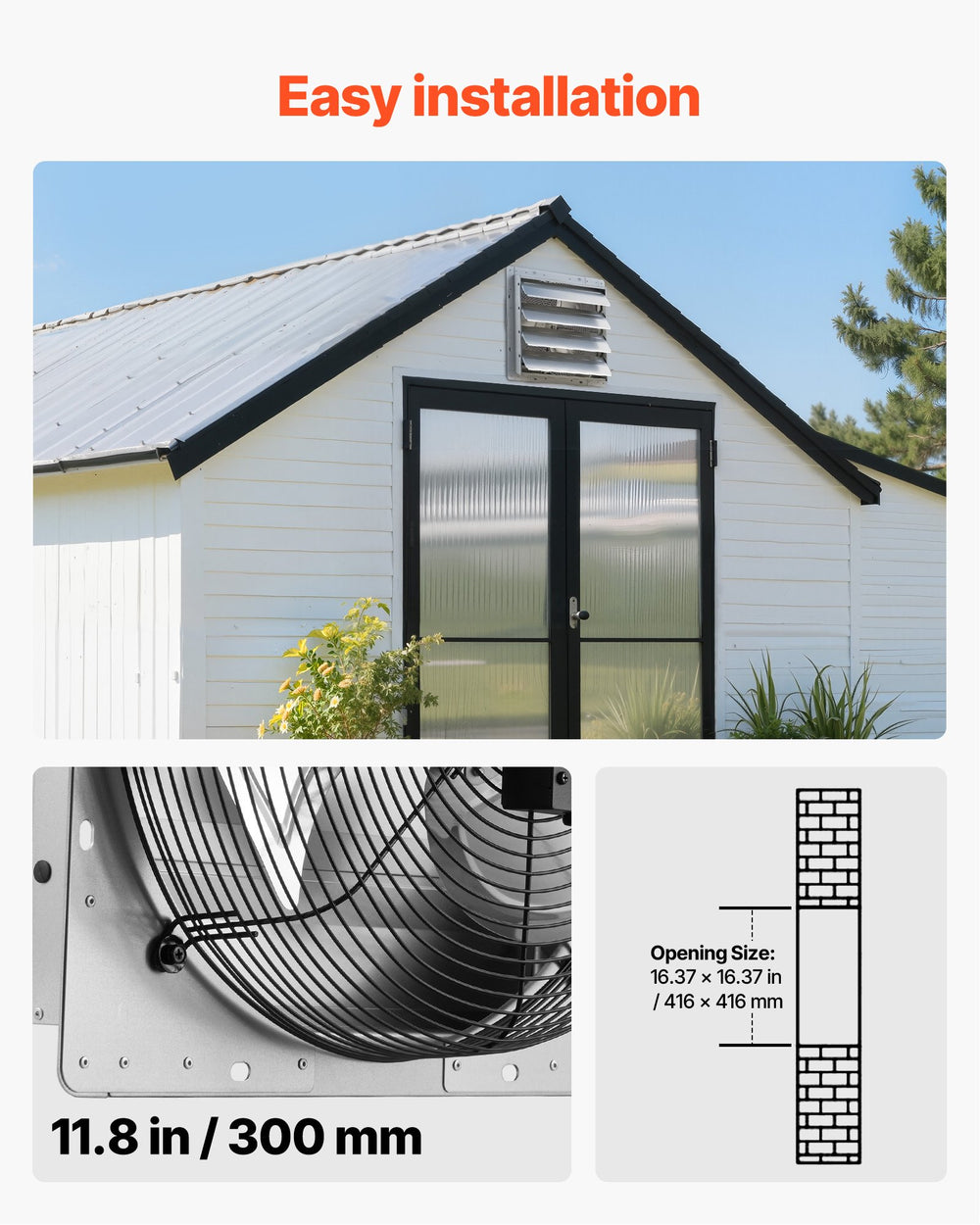 VEVOR 413 mm Shutter Exhaust Fan Wall Mounted Automatic Louvers Silver, Sturdy Steel Housing, 2270 CFM Low Noise, AC Motor, Ventilation and Cooling for Attic, Garage, Barn, Greenhouse, Workshop