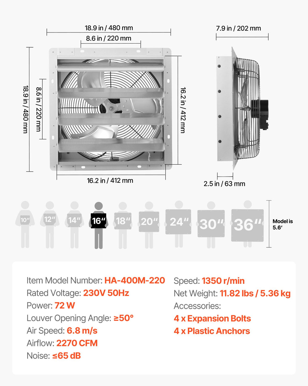 VEVOR 413 mm Shutter Exhaust Fan Wall Mounted Automatic Louvers Silver, Sturdy Steel Housing, 2270 CFM Low Noise, AC Motor, Ventilation and Cooling for Attic, Garage, Barn, Greenhouse, Workshop