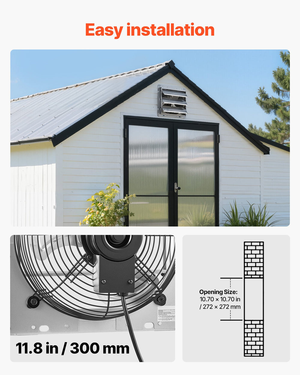 VEVOR 268 mm Shutter Exhaust Fan Wall Mounted 812 CFM Automatic Louvers, Sturdy Steel Housing, Low Noise, AC Motor, Ventilation and Cooling for Attic, Garage, Barn, Greenhouse, Workshop, Silver