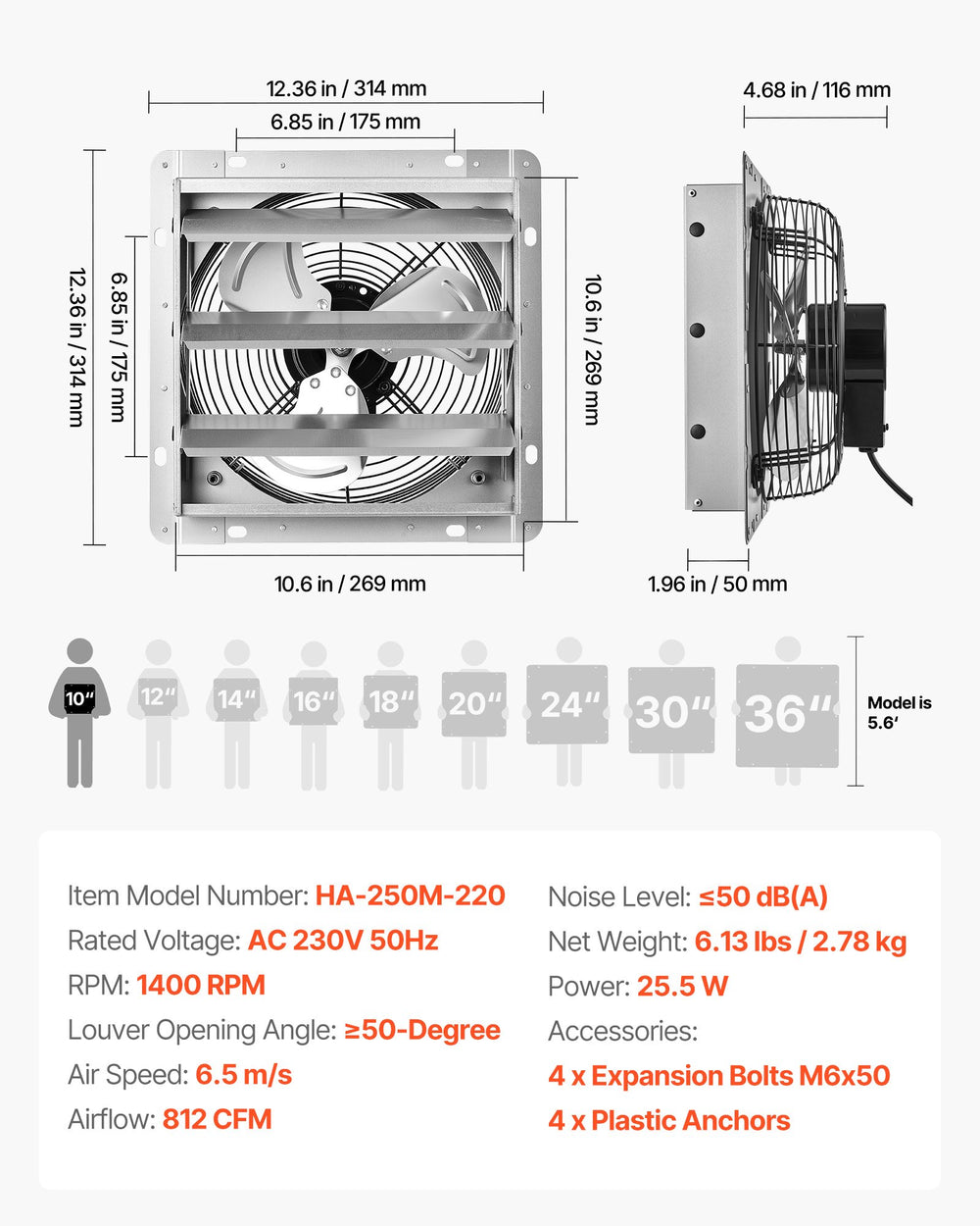 VEVOR 268 mm Shutter Exhaust Fan Wall Mounted 812 CFM Automatic Louvers, Sturdy Steel Housing, Low Noise, AC Motor, Ventilation and Cooling for Attic, Garage, Barn, Greenhouse, Workshop, Silver