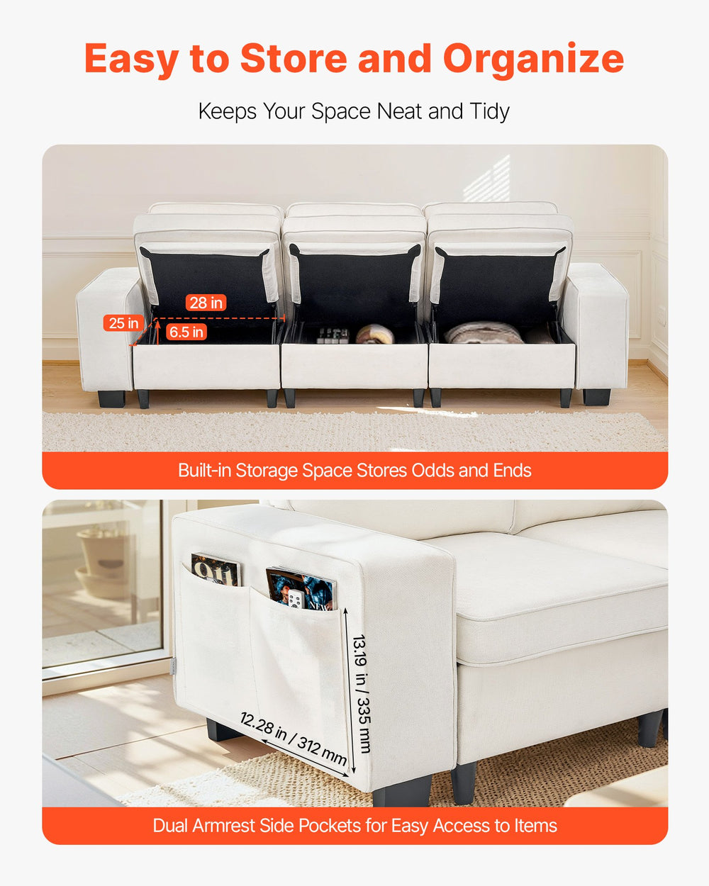 VEVOR 3 Steater Sofa, Modular Sectional Couch with Bottom Storage Space, Modern Comfy Cloud Sofa with Side Storage Pockets and Metal Frame, Ideal for Living Room, Bedroom, Apartment and Office, White