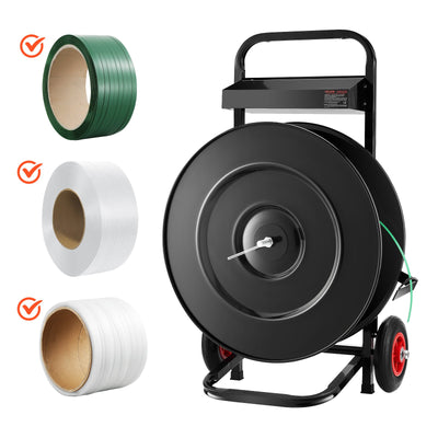 VEVOR Banding Strapping Cart, Fit for PET/PP/Polyester Strapping Coils with 20.3/40.6 cm Core Size, Heavy Duty Strapping Dispenser Equipped with Upgrade Brake System, Built-in Spacious Tray for Tools