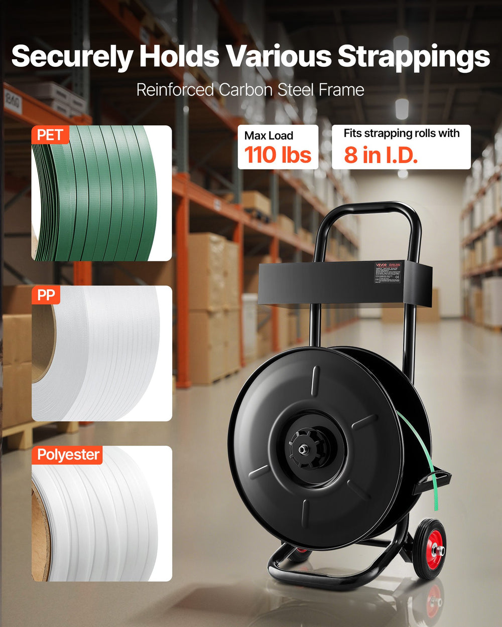 VEVOR Banding Strapping Cart, Fit for PET / PP / Polyester Strapping Coils with 20.3 cm Core Size, Heavy Duty Strapping Dispenser Equipped with Upgrade Brake System, Built-in Spacious Tray for Tools