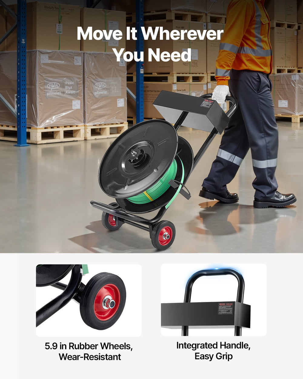 VEVOR Banding Strapping Cart, Fit for PET / PP / Polyester Strapping Coils with 20.3 cm Core Size, Heavy Duty Strapping Dispenser Equipped with Upgrade Brake System, Built-in Spacious Tray for Tools