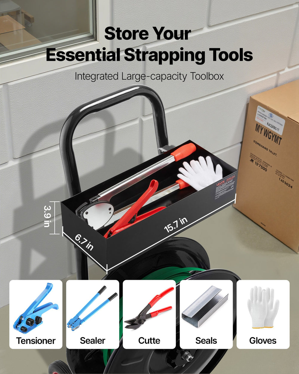 VEVOR Banding Strapping Cart, Fit for PET / PP / Polyester Strapping Coils with 20.3 cm Core Size, Heavy Duty Strapping Dispenser Equipped with Upgrade Brake System, Built-in Spacious Tray for Tools