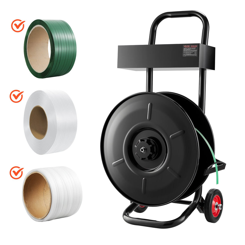 VEVOR Banding Strapping Cart, Fit for PET / PP / Polyester Strapping Coils with 20.3 cm Core Size, Heavy Duty Strapping Dispenser Equipped with Upgrade Brake System, Built-in Spacious Tray for Tools