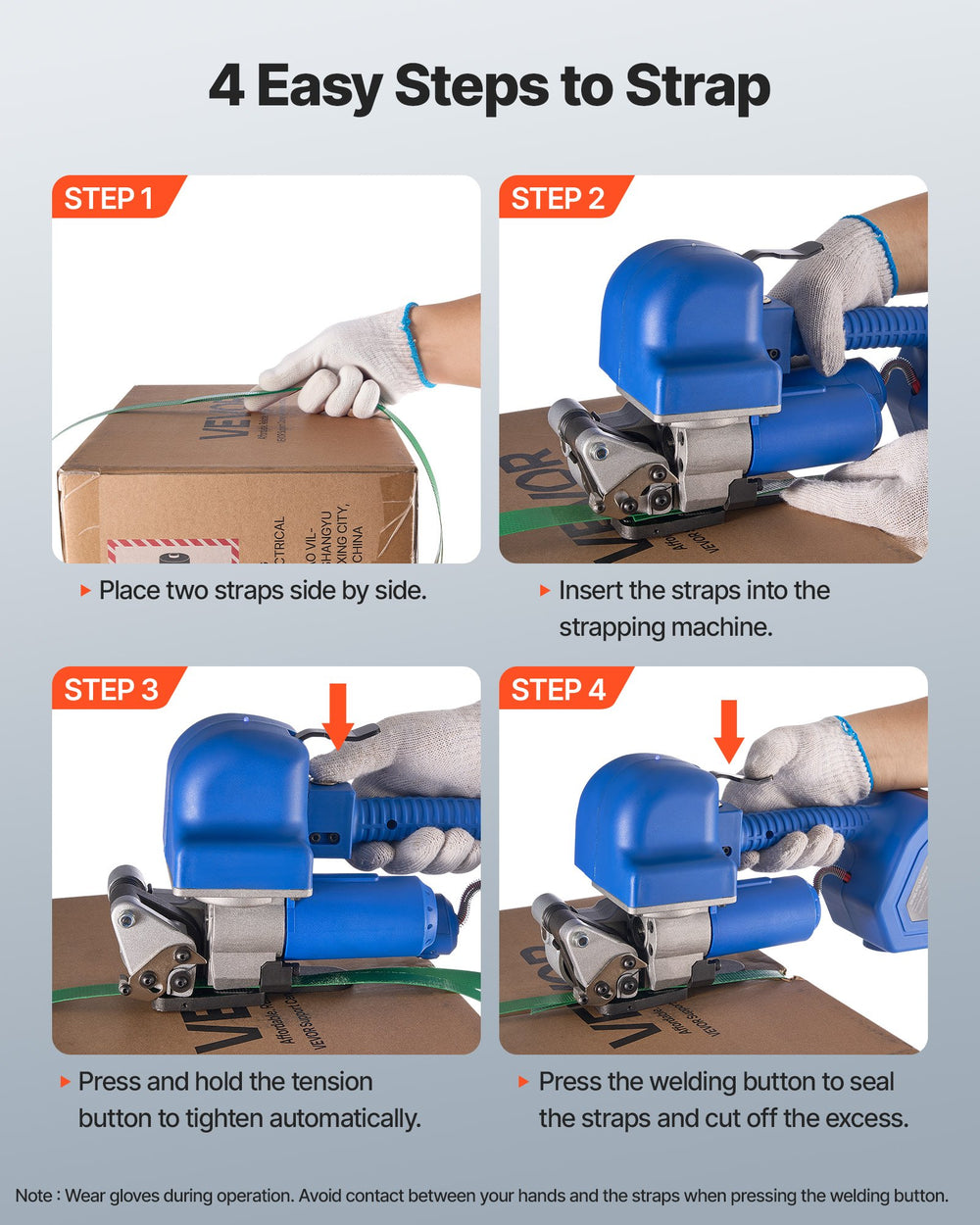 VEVOR Electric Strapping Machine, 2 x 4000mAh Batteries, Automatic Strapping Tool with Digital Display for 10-19 mm Wide PET Straps, Banding Tensioner Machine for Packaging Box Pallet