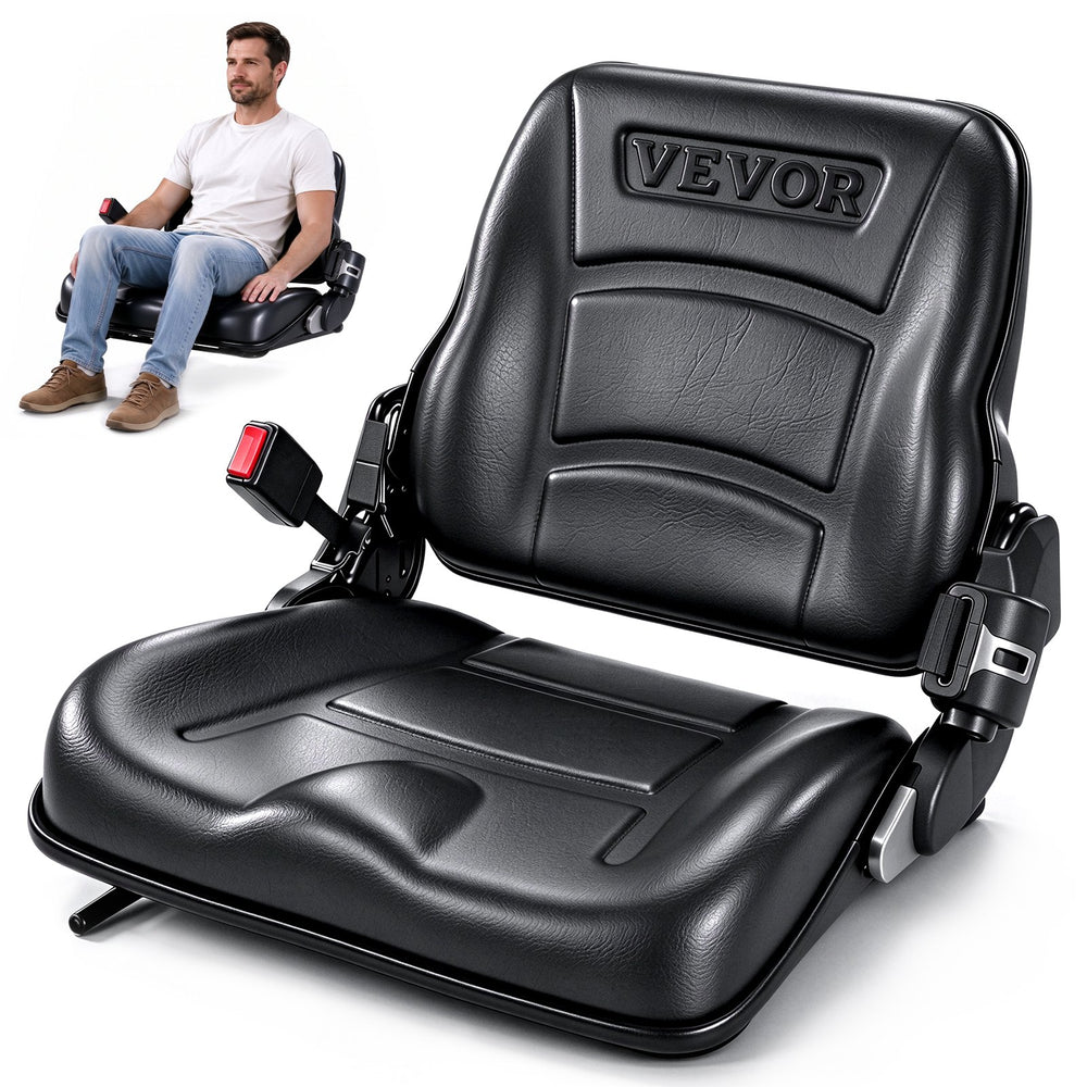 VEVOR Universal Forklift Seat, Fold Down Tractor Seat with Adjustable Angle Back, Micro Switch and Retractable Seatbelt, 6.3-13.4 inch Slot Forklift Seat for Tractor Loader Excavator
