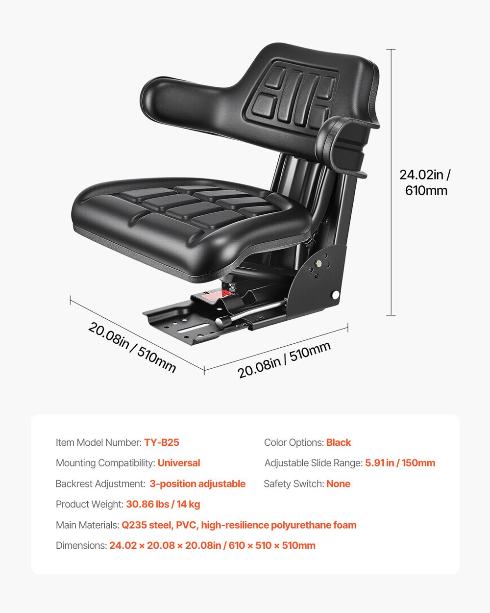 VEVOR Universal Forklift Seat, Waterproof Tractor Suspension Seat with Adjustable Back, Secure Tractor Seat with Micro Switch, Widely Compatible Seat for Skid Loader Bulldozer