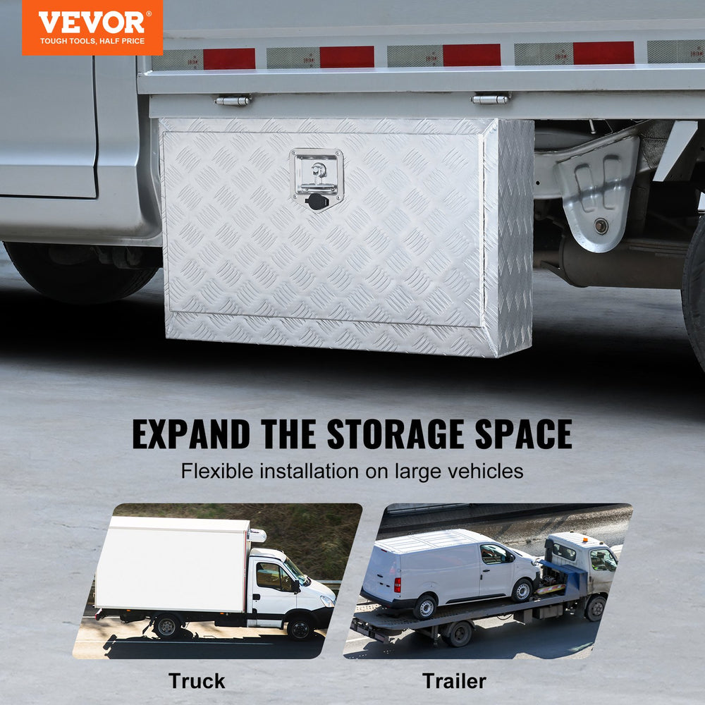 VEVOR Underbody Truck Box, 76.2 x 43.2 x 45.7 cm Pickup Storage Box, Heavy Duty Aluminum Diamond Plate Tool Box with Lock and Keys, Waterproof Trailer Storage Box with T-Handle Latch for Truck, Van, Trailer