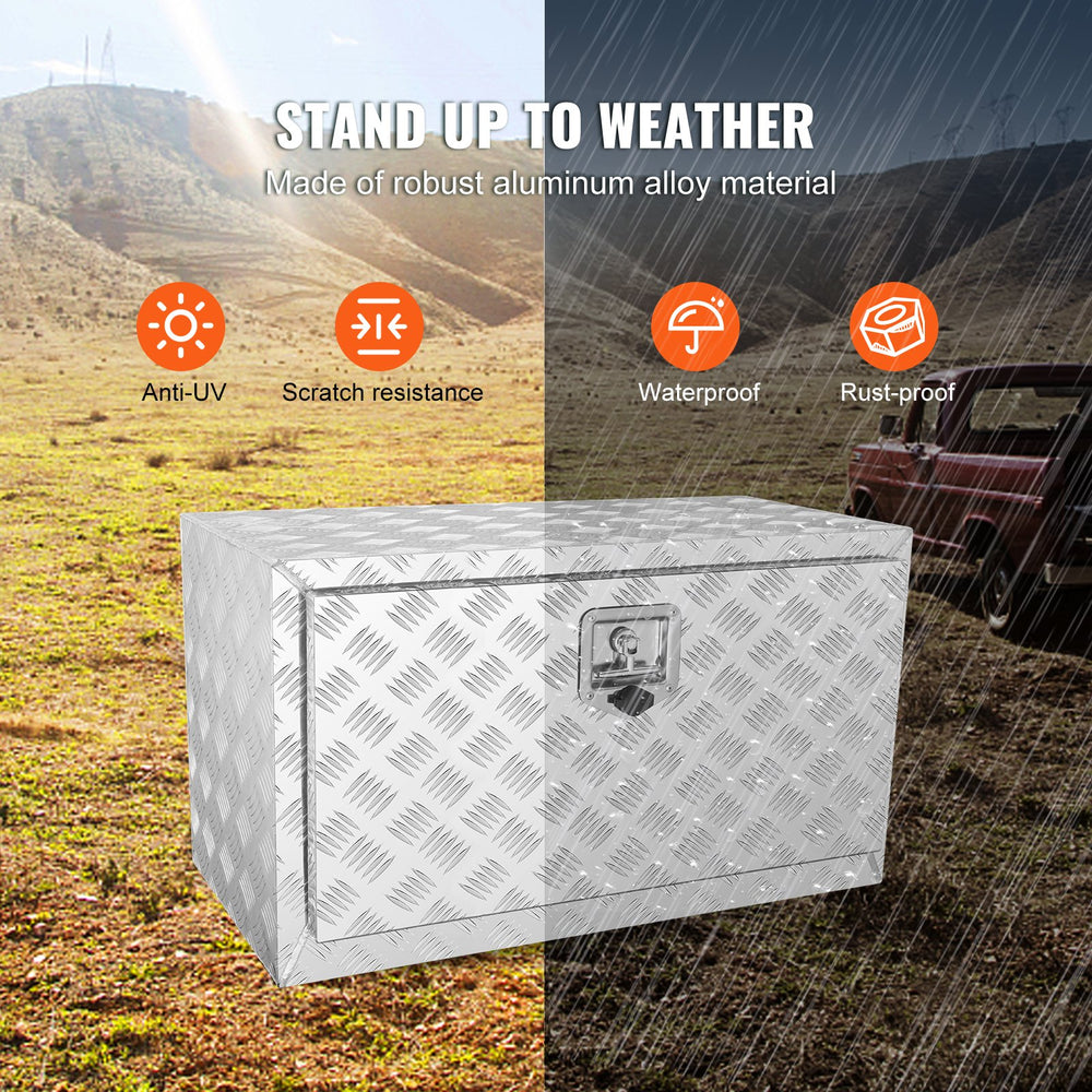 VEVOR Underbody Truck Box, 76.2 x 43.2 x 45.7 cm Pickup Storage Box, Heavy Duty Aluminum Diamond Plate Tool Box with Lock and Keys, Waterproof Trailer Storage Box with T-Handle Latch for Truck, Van, Trailer