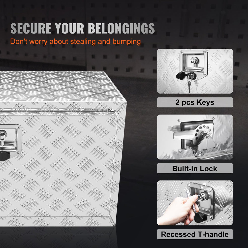 VEVOR Underbody Truck Box, 76.2 x 43.2 x 45.7 cm Pickup Storage Box, Heavy Duty Aluminum Diamond Plate Tool Box with Lock and Keys, Waterproof Trailer Storage Box with T-Handle Latch for Truck, Van, Trailer
