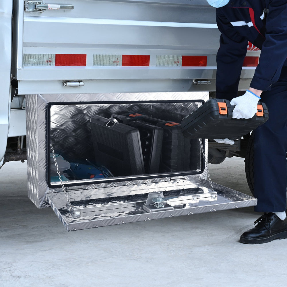 VEVOR Underbody Truck Box, 76.2 x 43.2 x 45.7 cm Pickup Storage Box, Heavy Duty Aluminum Diamond Plate Tool Box with Lock and Keys, Waterproof Trailer Storage Box with T-Handle Latch for Truck, Van, Trailer