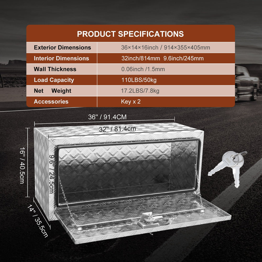 VEVOR Underbody Truck Box, 914 x 355 x 405 mm Pickup Storage Box, Heavy Duty Aluminum Diamond Plate Tool Box with Lock and Keys, Waterproof Trailer Storage Box with T-Handle Latch for Truck, Van, Trailer