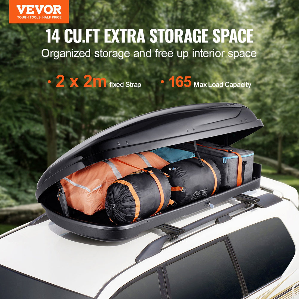 VEVOR Rooftop Cargo Carrier, 14 Cubic Feet Roof Cargo Box, ABS Hard Shell Roof Box, with Dual-Sided Opening and 2 Reinforced Straps, Aerodynamic, Suitable for most Crossbar, for Car, Wagon, SUV, Black