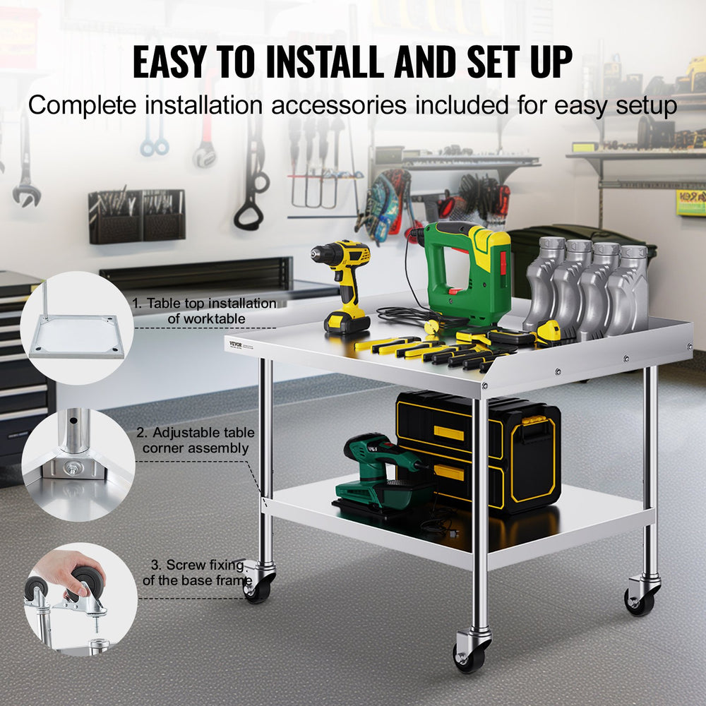 VEVOR Stainless Steel Work Table 76.2x91.4 cm Commercial Food Prep Table W/ 4 Casters