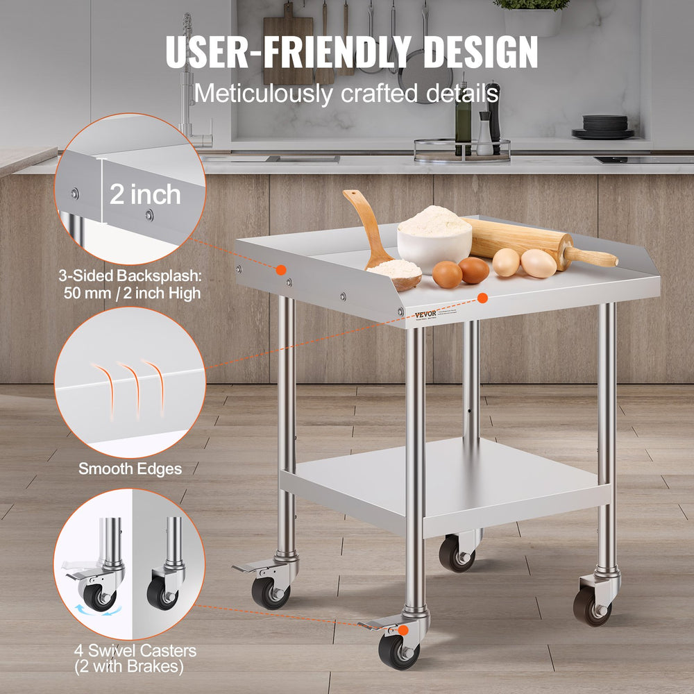 VEVOR Stainless Steel Work Table 61x61 cm Commercial Food Prep Table W/ 4 Casters