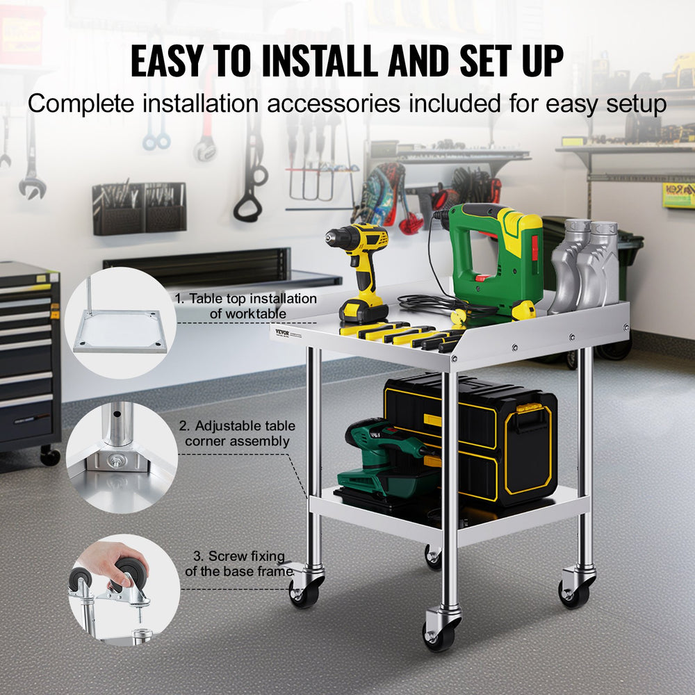 VEVOR Stainless Steel Work Table 61x61 cm Commercial Food Prep Table W/ 4 Casters